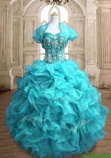 Popular Beaded and Ruffled Organza Quinceanera Dress in Teal