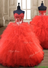 Popular Red Really Puffy Quinceanera Gown with Appliques and Ruffles