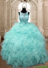 See Through Scoop Beading and Ruffles Quinceanera Dress in Aqua Blue