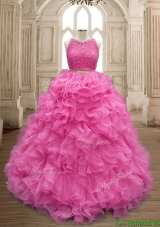 Two Piece Scoop Beaded and Ruffles Quinceanera Dress in Organza