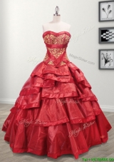 Most Popular Taffeta Red Quinceanera Dress with Appliques and Ruffled Layers