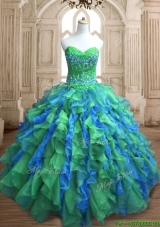 Most Popular Applique and Ruffled Quinceanera Dress in Green and Blue