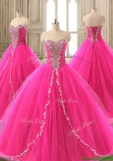 Elegant Beaded Hot Pink Sweet 16 Gown with Brush Train