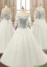 See Through Scoop Long Sleeves White Quinceanera Dress with Beading