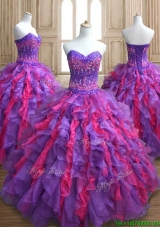 Cheap Applique and Ruffled Quinceanera Dress in Purple and Hot Pink