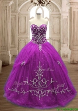 Romantic Applique Eggplant Purple Tulle Quinceanera Dress with Brush Train