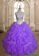 Fashionable Big Puffy Beading and Ruffles Quinceanera Dress in Purple