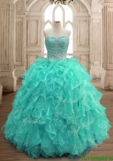 Gorgeous Beaded and Ruffled Big Puffy Sweet 16 Dress in Turquoise
