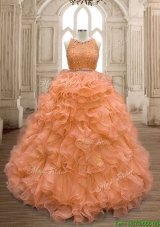 See Through Scoop Beaded and Ruffles Quinceanera Dress in Orange