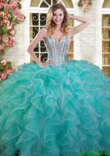 Exquisite Ruffled and Beaded Aqua Blue Quinceanera Dress in Organza