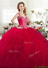 Luxurious Straps Beaded and Ruffled Quinceanera Dress in Red
