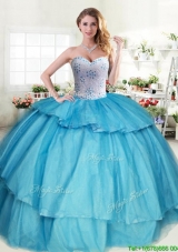 Sweet Beaded and Ruffled Layers Quinceanera Dress in Aqua Blue