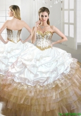 Fashionable Beaded and Pick Ups Quinceanera Dress in White and Gold