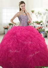 Perfect Hot Pink Tulle Sweet 16 Dress with Beading and Ruffles