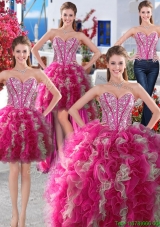 Wonderful Big Puffy Beaded and Ruffled Detachable Quinceanera Dresses in Organza