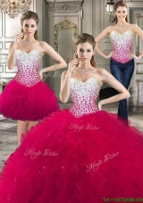 Cheap Beaded Bodice and Ruffled Detachable Quinceanera Dresses in Hot Pink