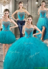 Classical Big Puffy Teal Detachable Quinceanera Dresses with Beading and Ruffles