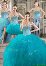 Modern Beaded Bodice and Ruffled Detachable Quinceanera Dresses in Teal