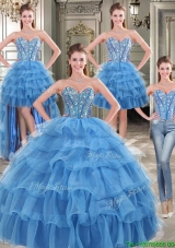 Modest Beaded and Ruffled Layers Detachable Quinceanera Dresses in Blue