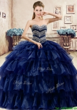 Cheap Beaded and Ruffled Layers Quinceanera Dress in Navy Blue
