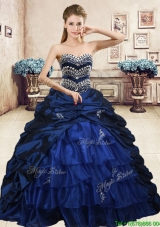 Luxurious Navy Blue Brush Train Quinceanera Dress with Beading and Pick Ups