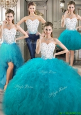 Affordable Beaded and Ruffled Detachable Quinceanera Dresses in Teal and White