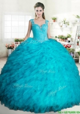 Cheap Beaded and Ruffled Turquoise Quinceanera Dress in Tulle