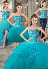 Exclusive Big Puffy Teal Detachable Quinceanera Dresses with Beading and Ruffles