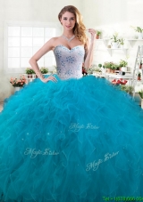 Inexpensive Beaded and Ruffled Big Puffy Quinceanera Dress in Teal