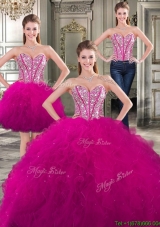 Wonderful Beaded and Ruffled Detachable Quinceanera Dresses in Fuchsia