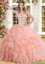 Cheap Organza Peach Quinceanera Dress with Appliques and Ruffles