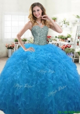 Hot Sale Beaded Bodice and Ruffled Quinceanera Dress in Aqua Blue