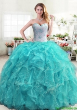 Inexpensive Beaded and Ruffled Turquoise Quinceanera Dress in Organza