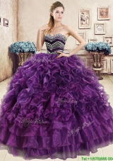 Romantic Beaded and Ruffled Organza Quinceanera Dress in Purple