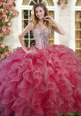 Beautiful Coral Red Big Puffy Quinceanera Dress with Ruffles and Beading
