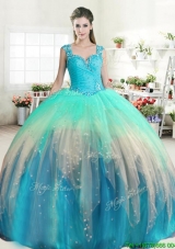 Latest Straps Beaded and Ruffled Quinceanera Dress in Rainbow
