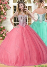 Lovely Beaded Coral Red Sweet 16 Dress in Tulle for Spring