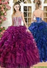 Popular Ruffled and Beaded Organza Quinceanera Dress in Burgundy