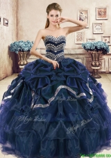 Modest Navy Blue Organza Quinceanera Dress with Beading and Pick Ups