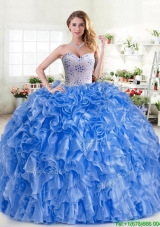 New Arrivals Beaded and Ruffled Blue Quinceanera Dress in Organza