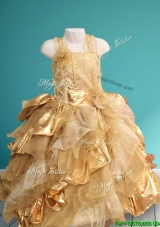 Exquisite Straps Gold Little Girl Pageant Dress with Hand Made Flowers and Sequins