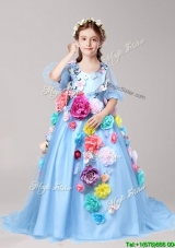 2016 Classical V Neck Half Sleeves Little Girl Pageant Dress with Hand Made Flowers