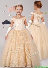 Classical Off the Shoulder Cap Sleeves Champagne Little Girl Pageant Dress with Lace