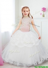 Fashionable Halter Top Flower Girl Dress with Lace and Beading