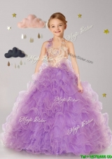 Inexpensive Halter Top Organza Little Girl Pageant Dress with Hand Made Flowers and Ruffles