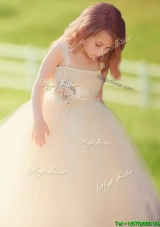 Popular Straps Hand Made Flowers Tulle Flower Girl Dress in Champagne