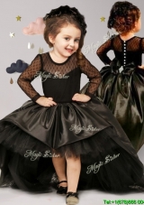 See Through Scoop Long Sleeves Black Little Girl Pageant Dress with Brush Train