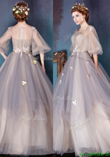 2016 See Through Scoop Half Sleeves Tulle Prom Dress with Appliques