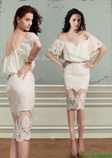 Elegant Off the Shoulder Short Sleeves Lace Prom Dress in Champagne