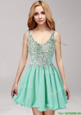 Modest Straps Apple Green Prom Dress with Beading and Ruffles for Spring